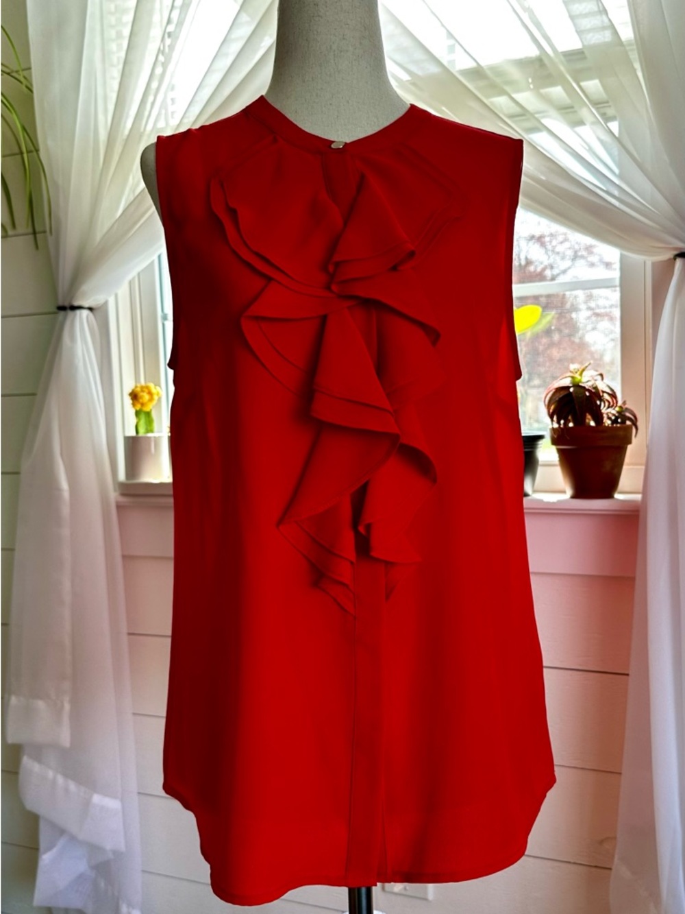 Karl Lagerfeld Paris Sakeri Ruffle Detail Blouse in Poppy Red. NWT
Size Medium